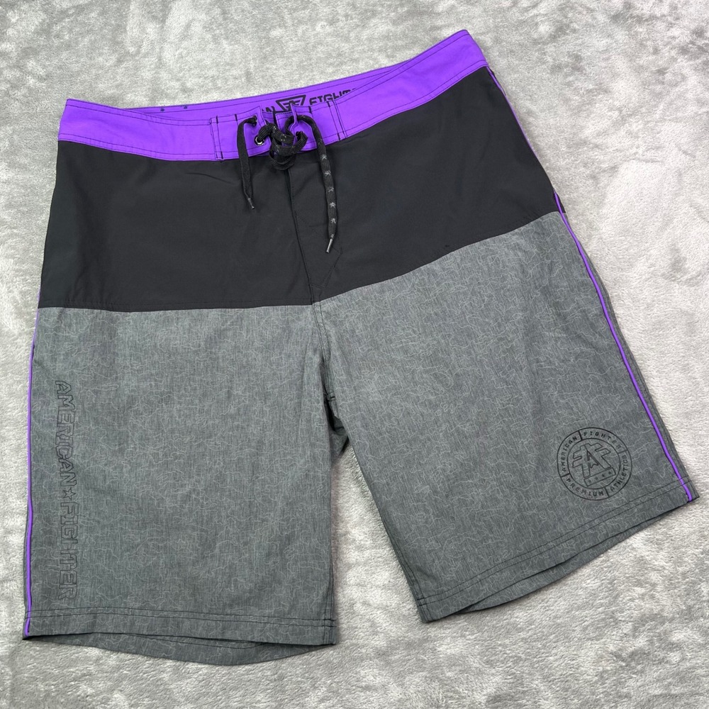 American Fighter Board Shorts Men 36 Grey Black Purple Patterned Swim Trunks 10"